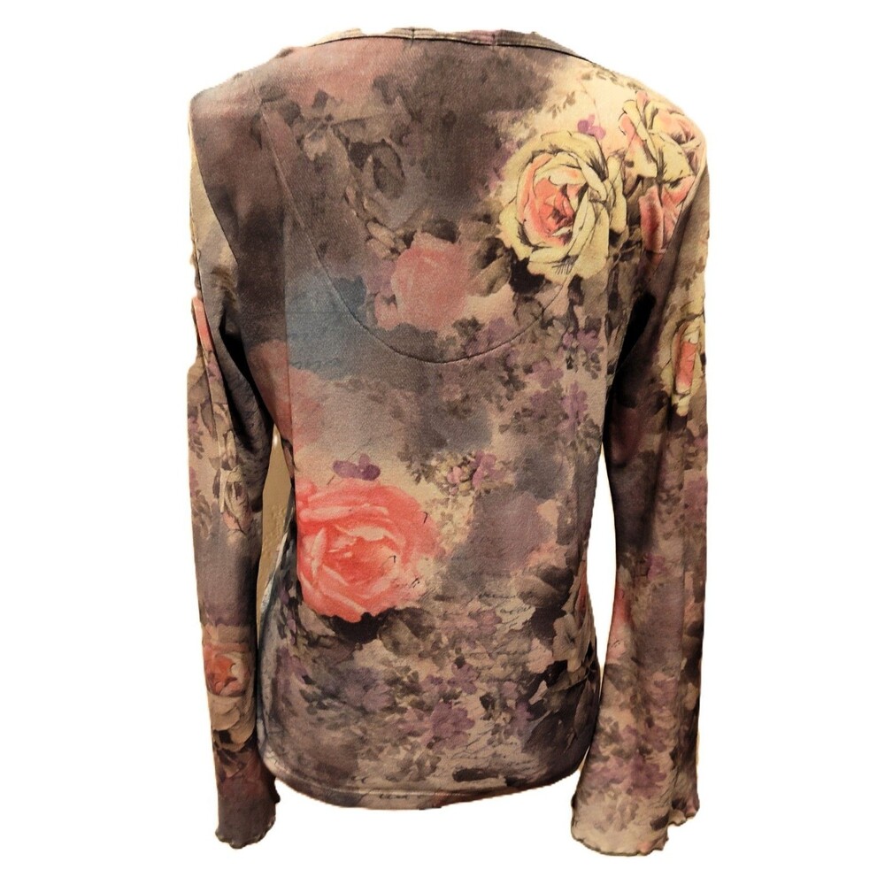 Vintage XCIT U.S.A. Floral and Script Print Long Sleeve Mesh Top Size PS Bell - Picture 5 of 8